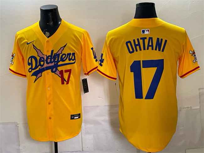 Men's Los Angeles Dodgers x One Piece #17 Shohei Ohtani Yellow Vapor Premier Limited Stitched Baseball Jersey Men's Los Angeles Dodgers x One Piece #17 Shohei Ohtani Yellow Vapor Premier Limited Stitched Baseball Jersey